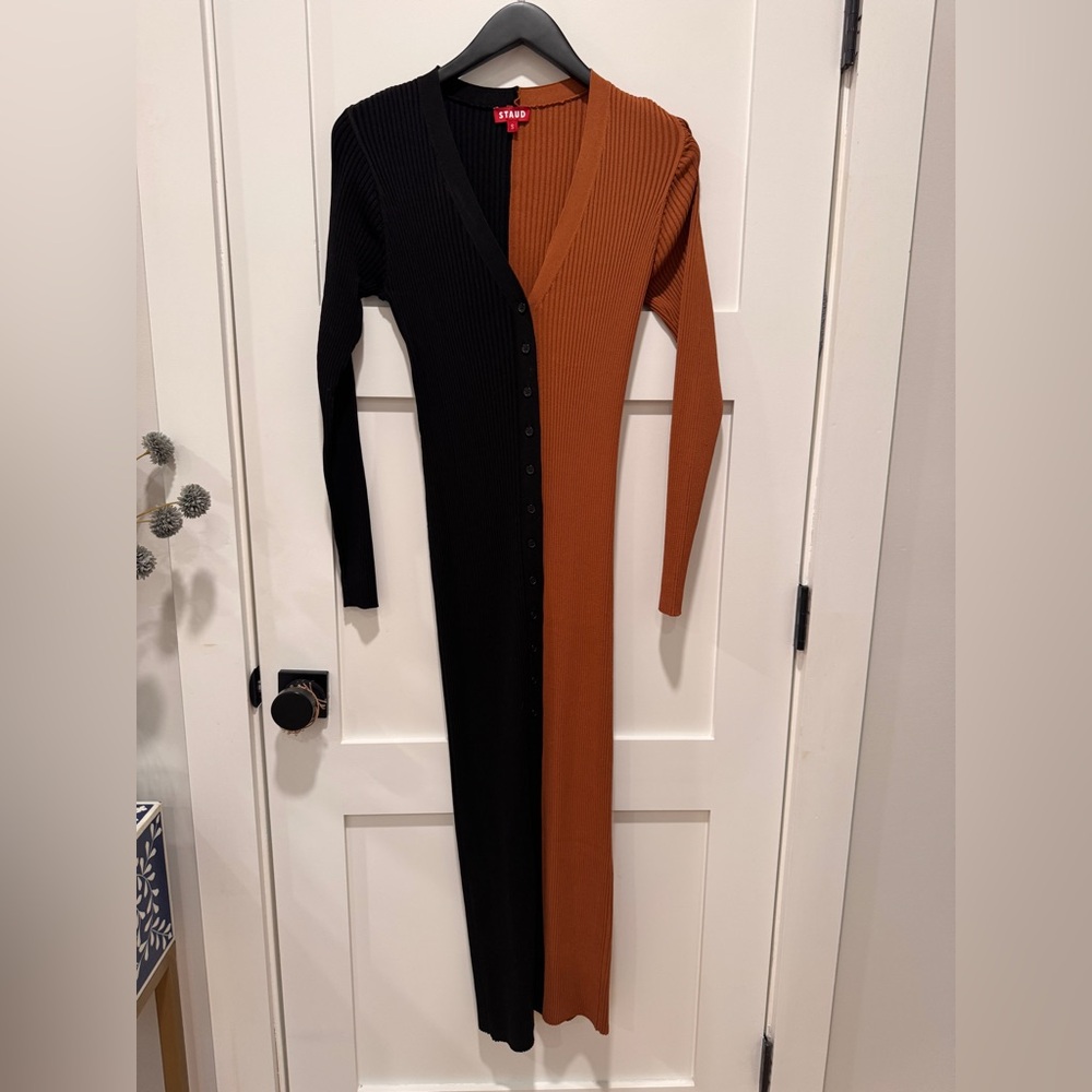 Staud Two-Tone Black and Brown Ribbed Maxi Dress